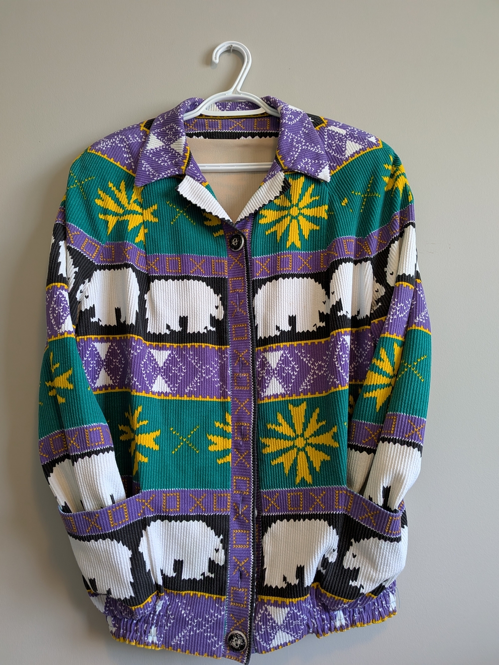 Vintage-Inspired Polar Bear Print Button-Up Jacket - Purple, Green, White
